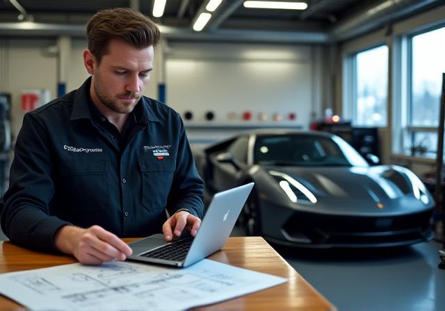 Mecánico de Boreas Customs revisando documentación técnica