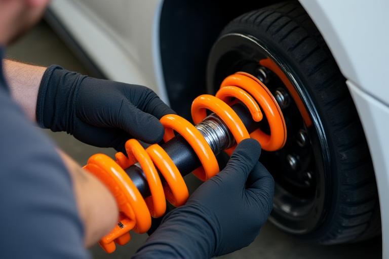 Mecánico instalando suspensión de alto rendimiento